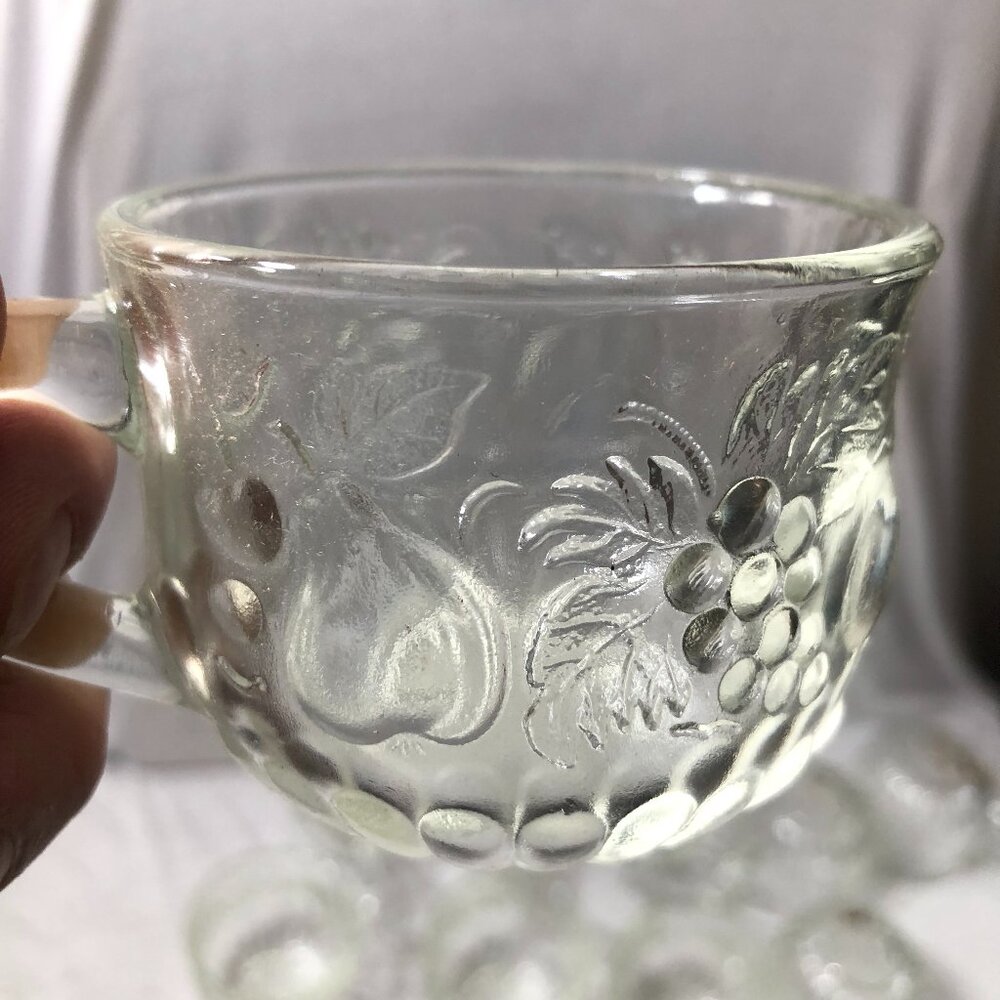 Vintage Glass Punch Set –12 Cups with Hooks & Embossed Fruit Design